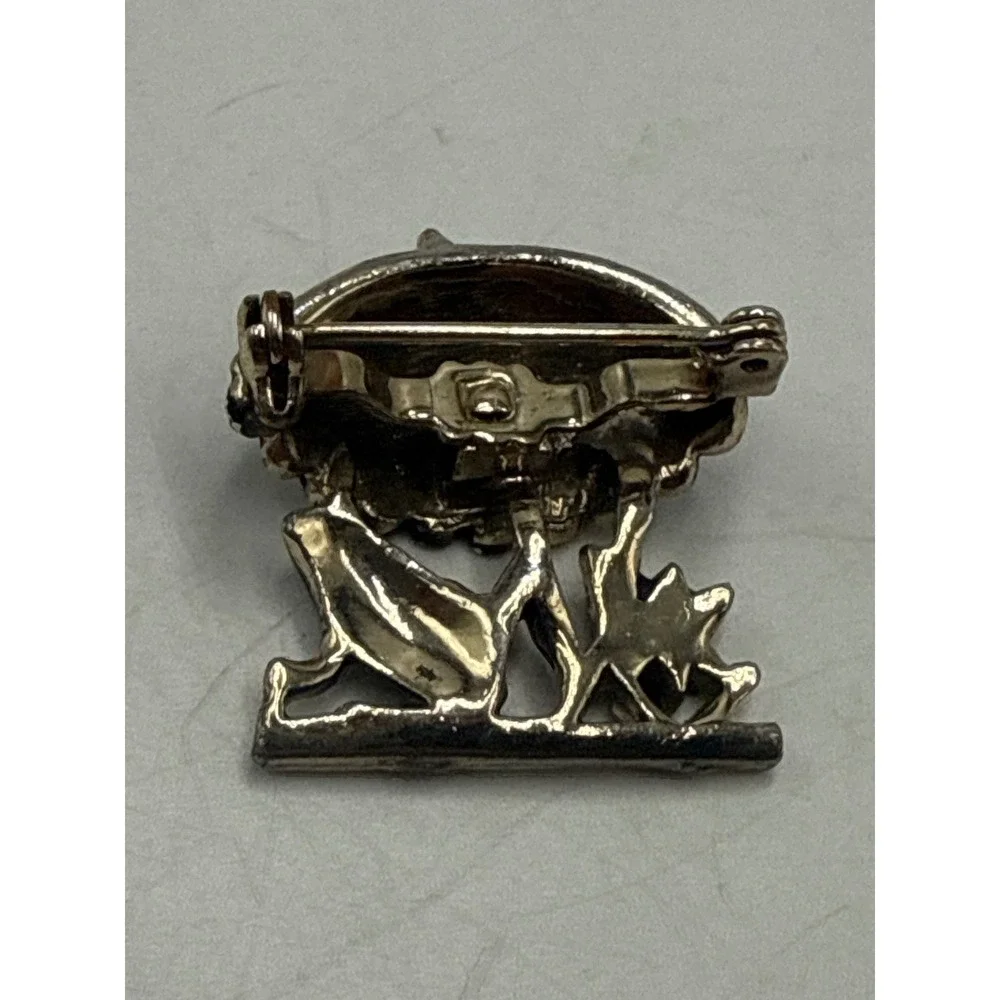 Vintage Frog Under‎ Umbrella Brooch Silver Tone Black Enamel Animal Pin